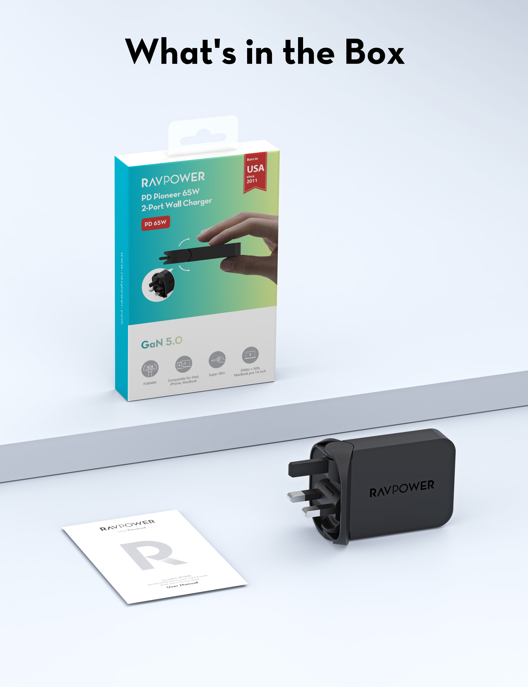 RAVPower RP-PC1079 Foldable GaN 65W 2-Port Wall Charger - Black