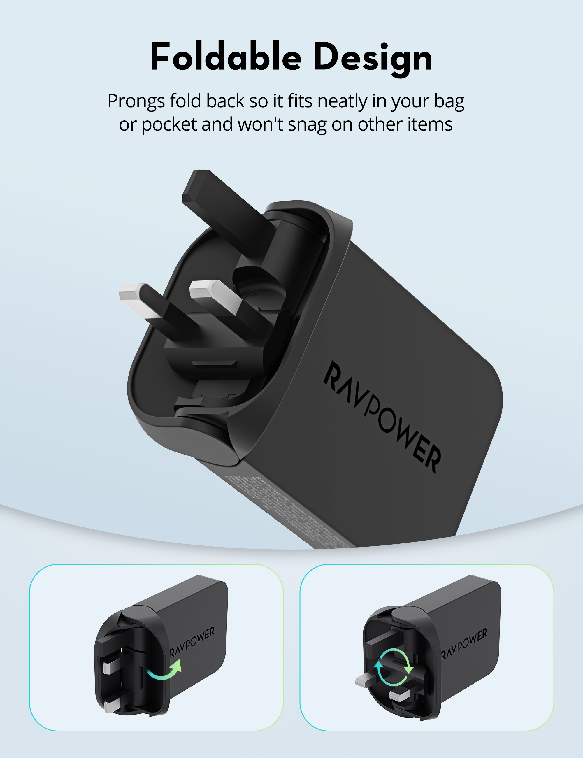RAVPower RP-PC1079 Foldable GaN 65W 2-Port Wall Charger - Black