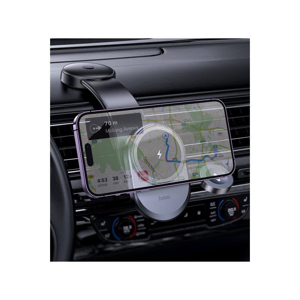 Hoco HW28 Excelso Adhesive 15W Wireless Fast Charging and 2.5W Wireless Watch Charging Supported Magsafe Car Holder - Black