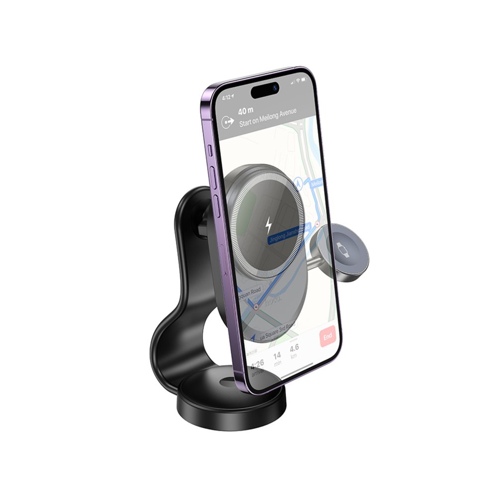 Hoco HW28 Excelso Adhesive 15W Wireless Fast Charging and 2.5W Wireless Watch Charging Supported Magsafe Car Holder - Black