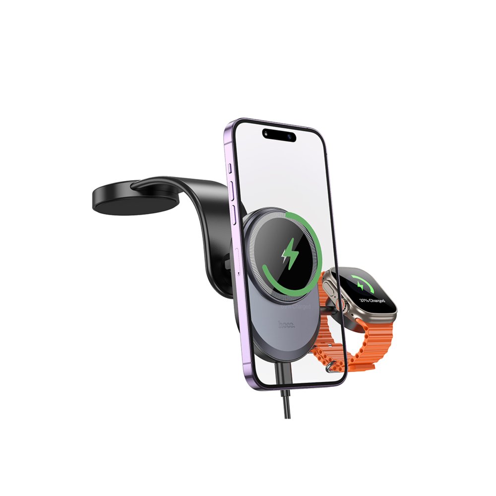Hoco HW28 Excelso Adhesive 15W Wireless Fast Charging and 2.5W Wireless Watch Charging Supported Magsafe Car Holder - Black