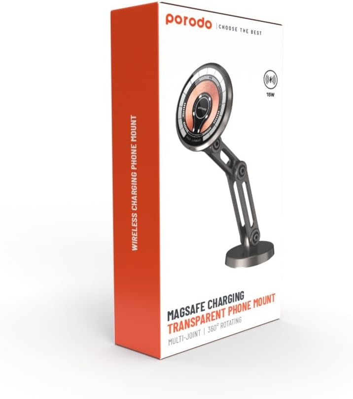 Porodo Magsafe Charging Transparent Phone Mount Multi-Joint And Rotating - Black