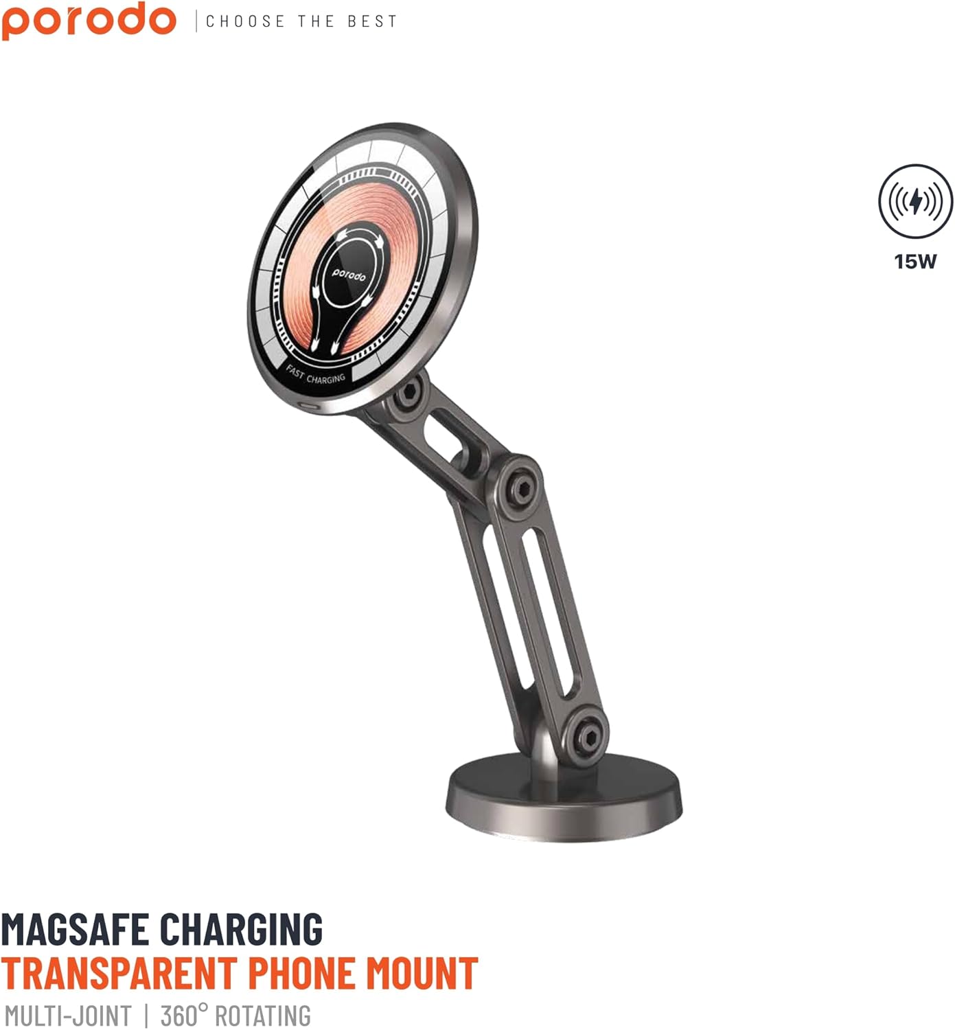 Porodo Magsafe Charging Transparent Phone Mount Multi-Joint And Rotating - Black