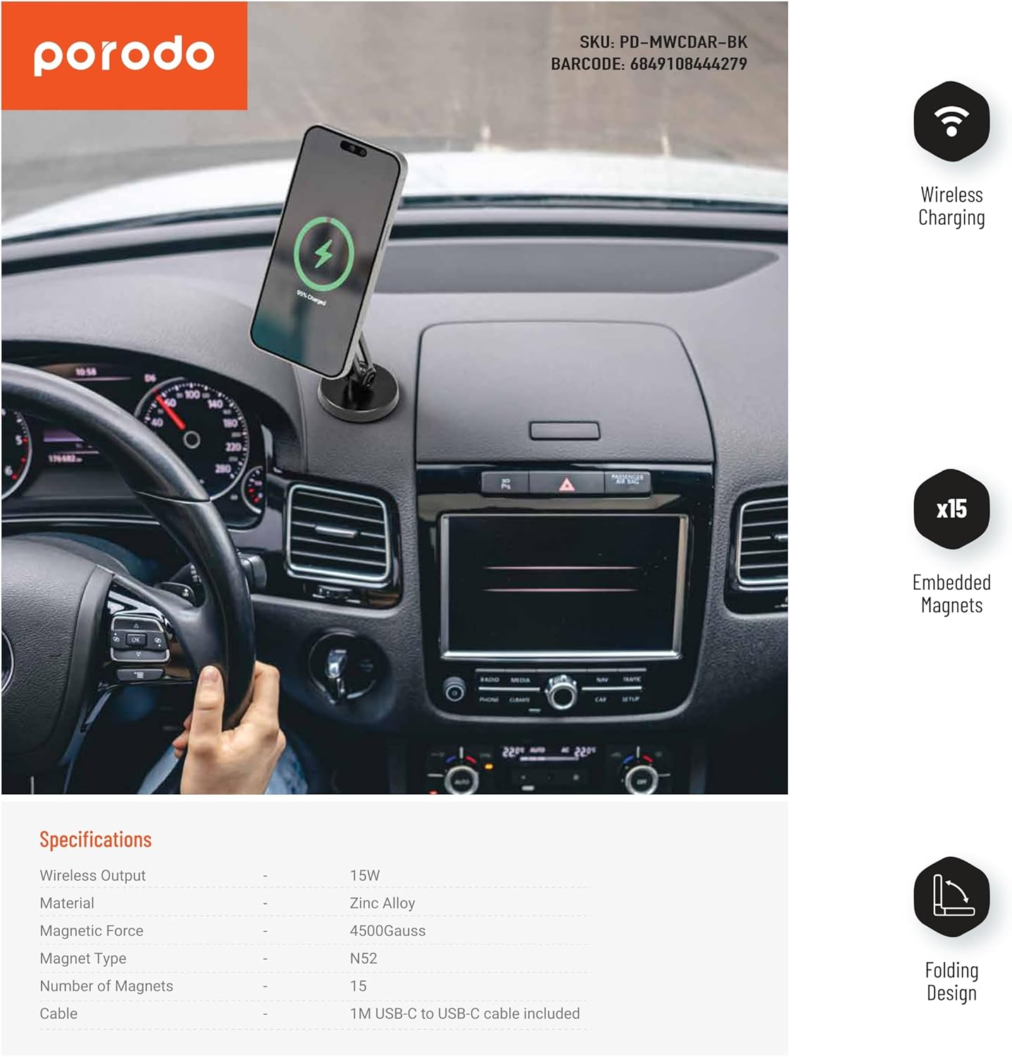 Porodo Magsafe Charging Transparent Phone Mount Multi-Joint And Rotating - Black