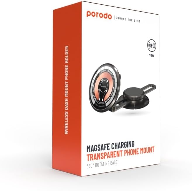 Porodo Magsafe Charging Transparent Phone Mount 360&deg; Rotating Base - Black