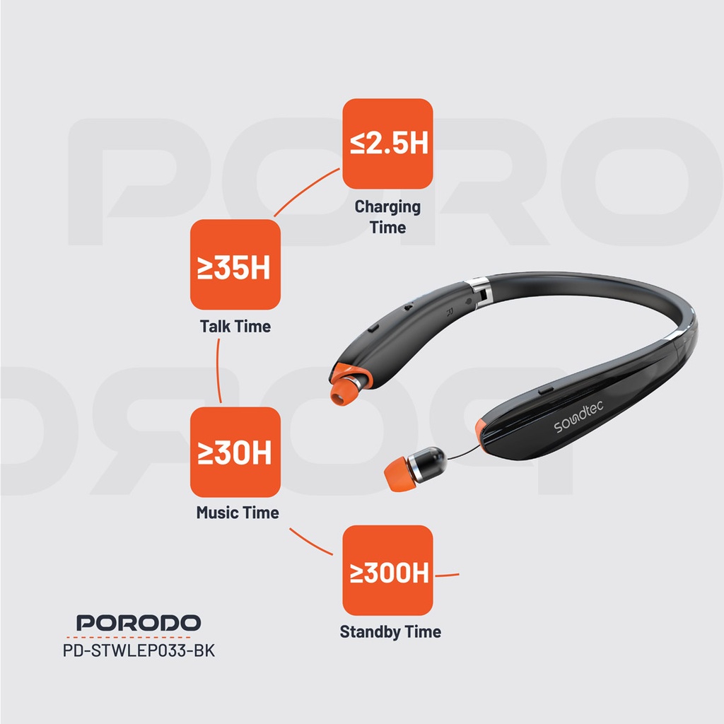 Porodo Soundtec Echo Flex Retractable ENC Neckband - Black