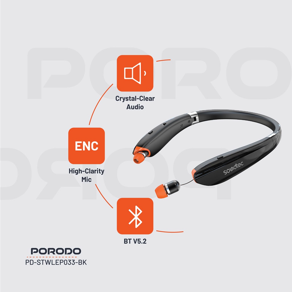 Porodo Soundtec Echo Flex Retractable ENC Neckband - Black