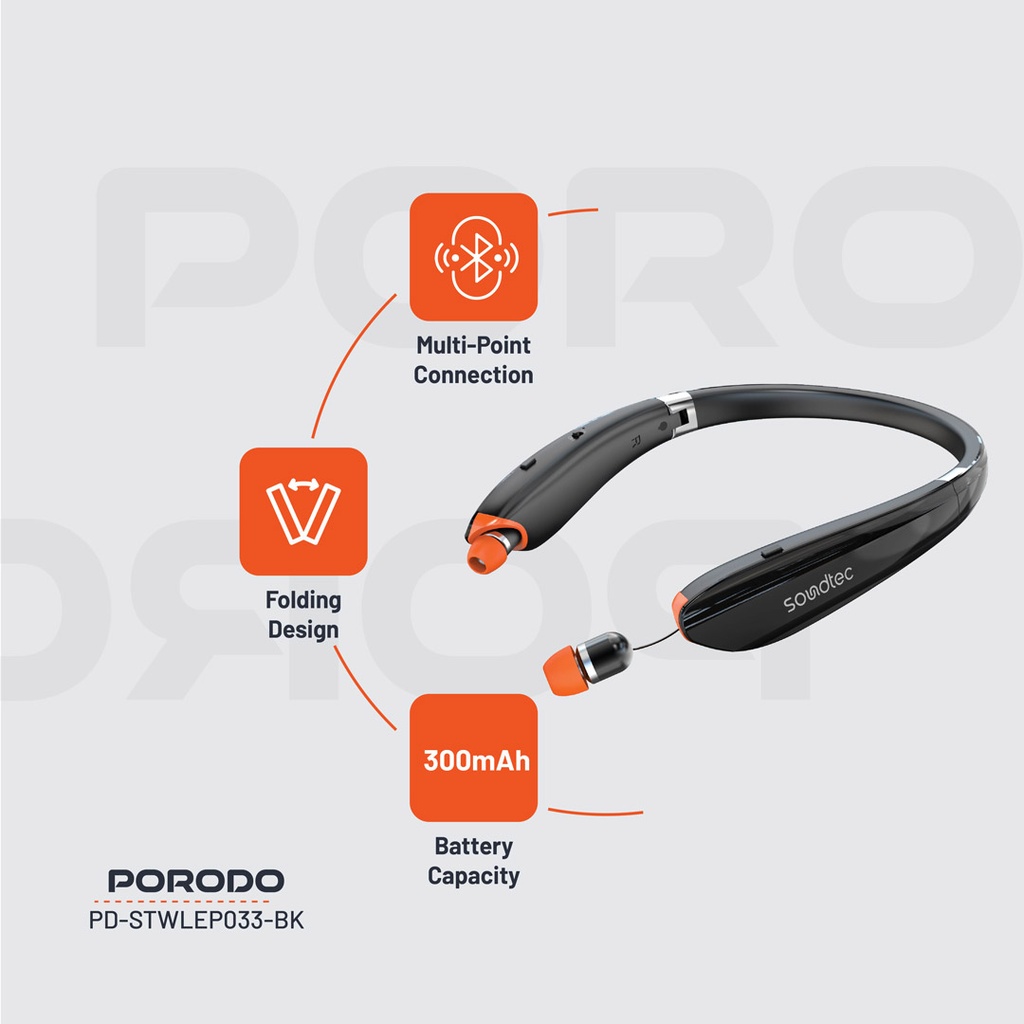 Porodo Soundtec Echo Flex Retractable ENC Neckband - Black