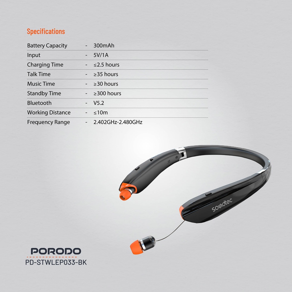 Porodo Soundtec Echo Flex Retractable ENC Neckband - Black