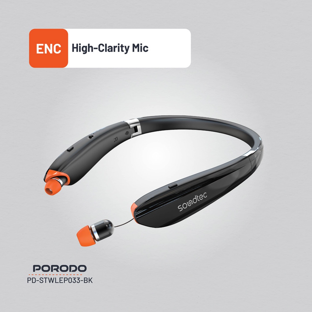 Porodo Soundtec Echo Flex Retractable ENC Neckband - Black