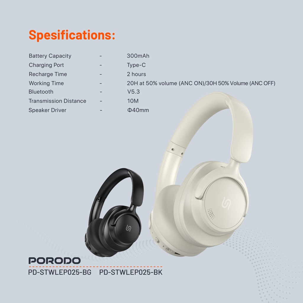 Porodo Soundtec Zen Active Noise-Cancellation Headphone - Beige
