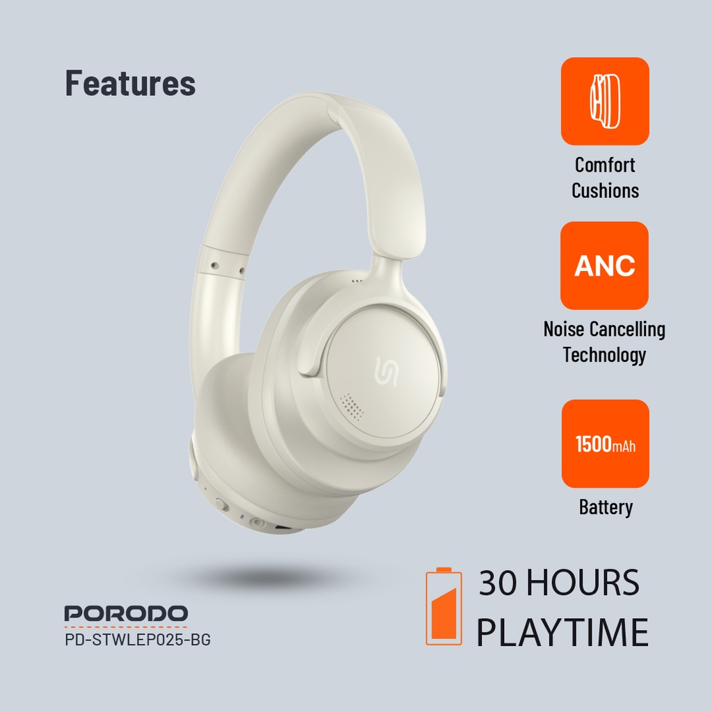 Porodo Soundtec Zen Active Noise-Cancellation Headphone - Beige