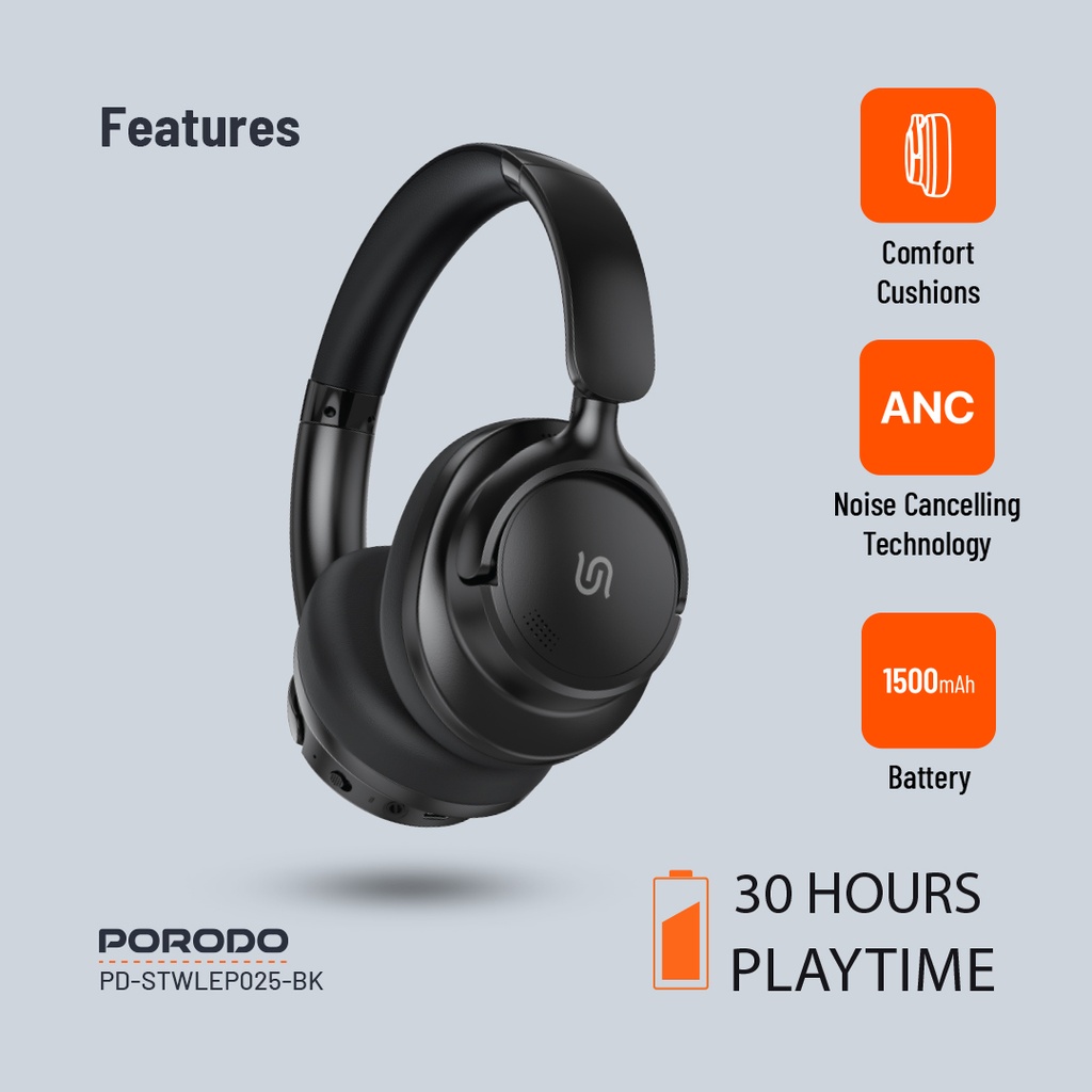 Porodo Soundtec Zen Active Noise-Cancellation Headphone - Black