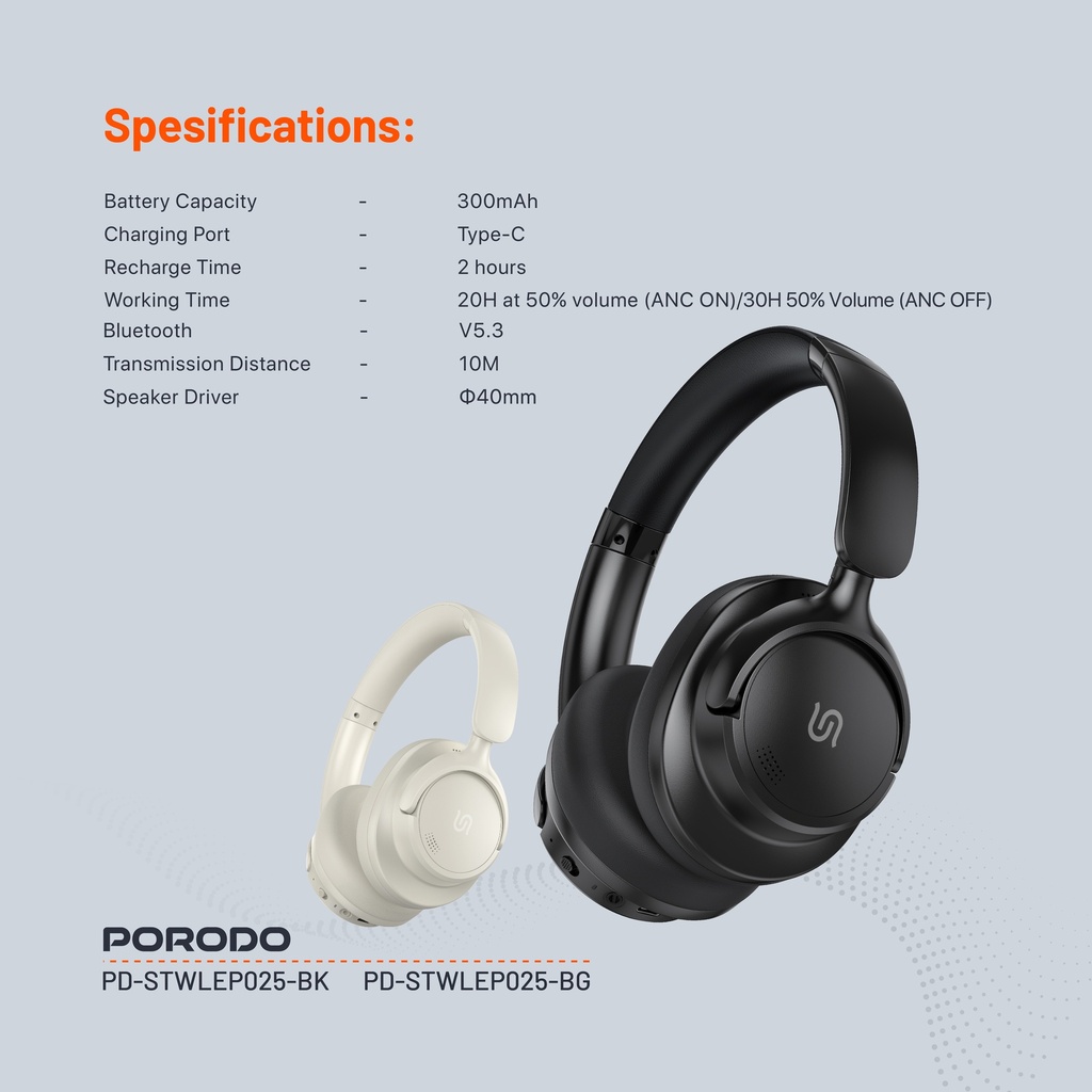 Porodo Soundtec Zen Active Noise-Cancellation Headphone - Black
