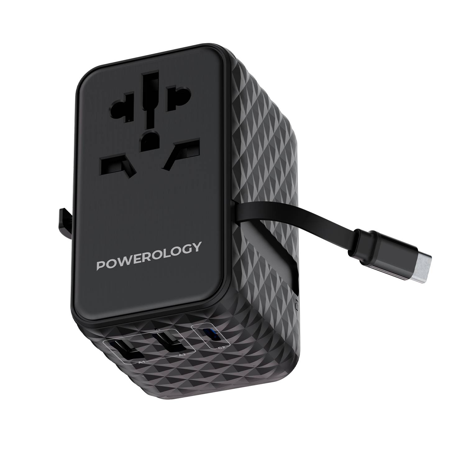 Powerology GaN 20W PD Universal Adapter with Retractable Type-C Cable - Black