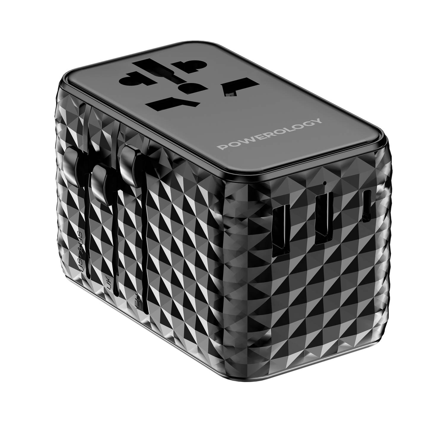 Powerology GaN 20W PD Universal Adapter with Retractable Type-C Cable - Black