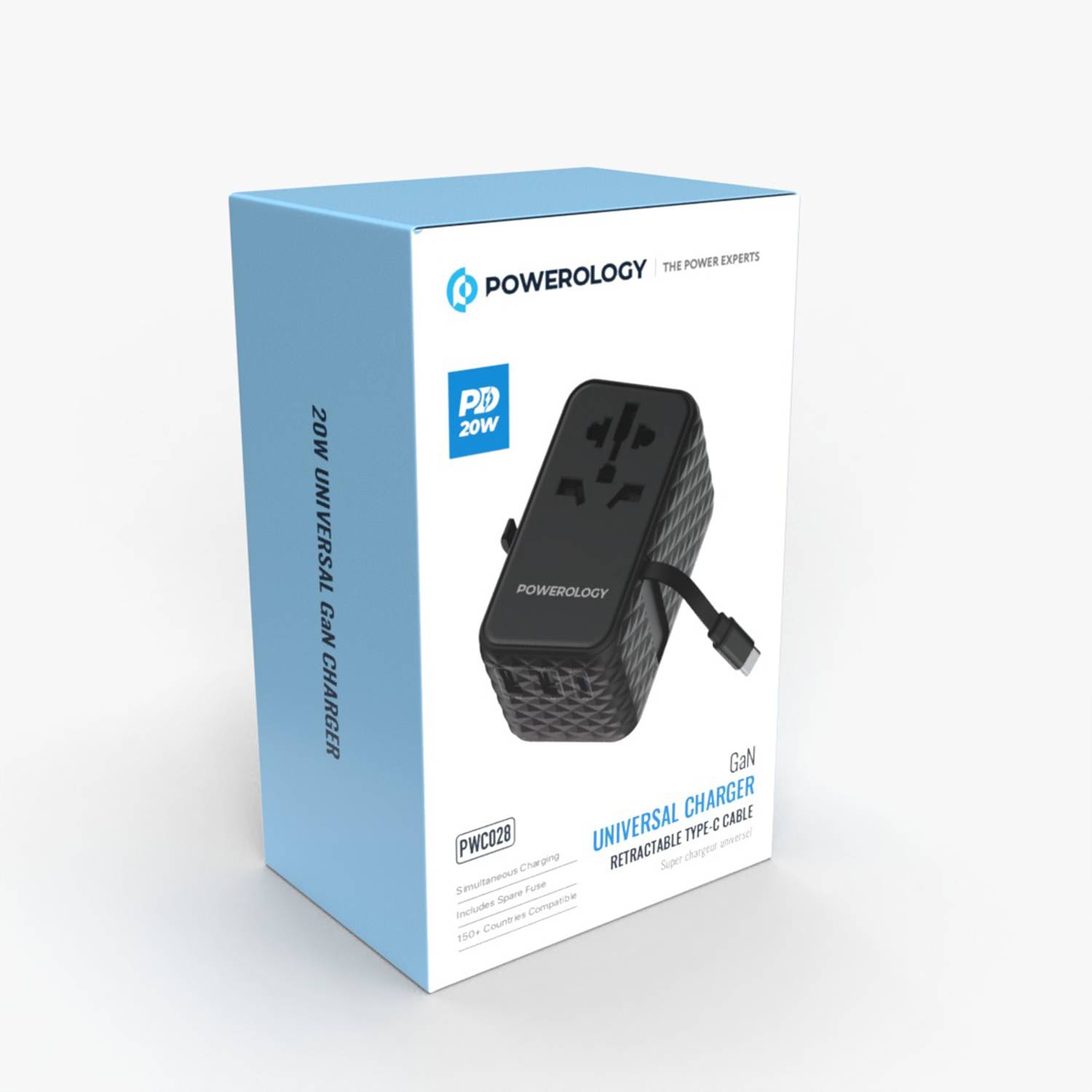 Powerology GaN 20W PD Universal Adapter with Retractable Type-C Cable - Black