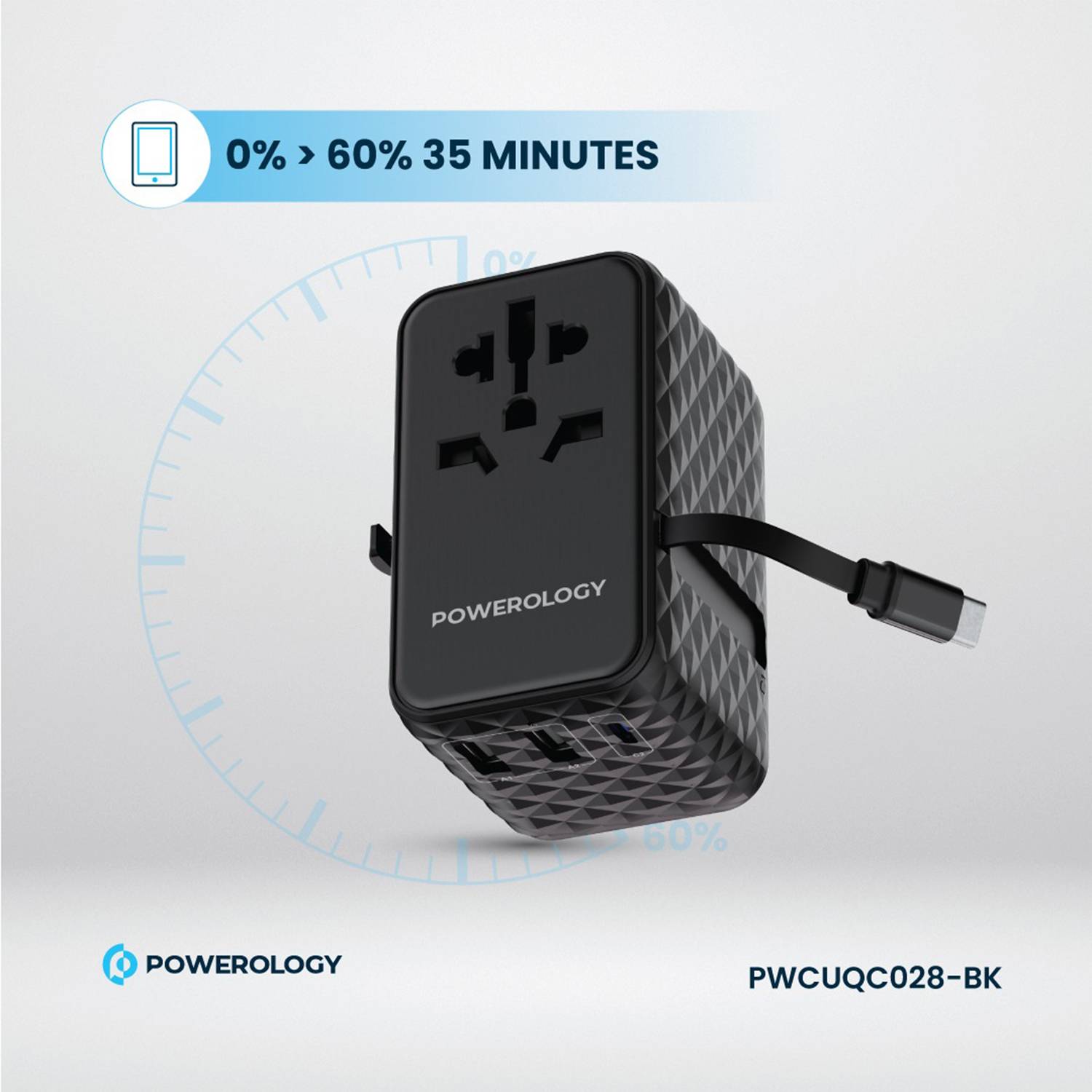 Powerology GaN 20W PD Universal Adapter with Retractable Type-C Cable - Black
