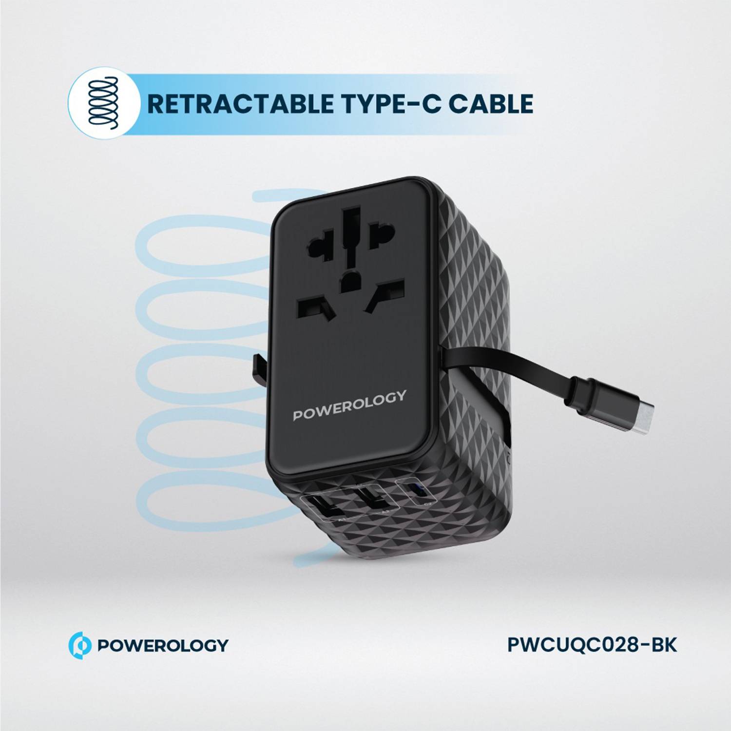 Powerology GaN 20W PD Universal Adapter with Retractable Type-C Cable - Black
