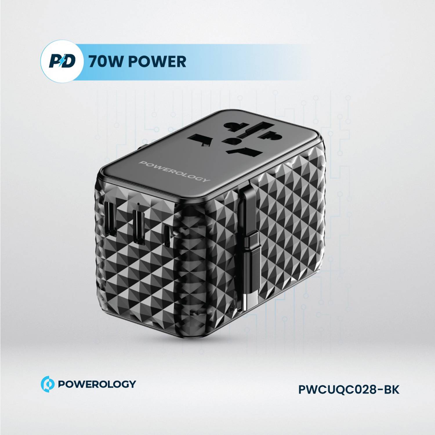 Powerology GaN 20W PD Universal Adapter with Retractable Type-C Cable - Black