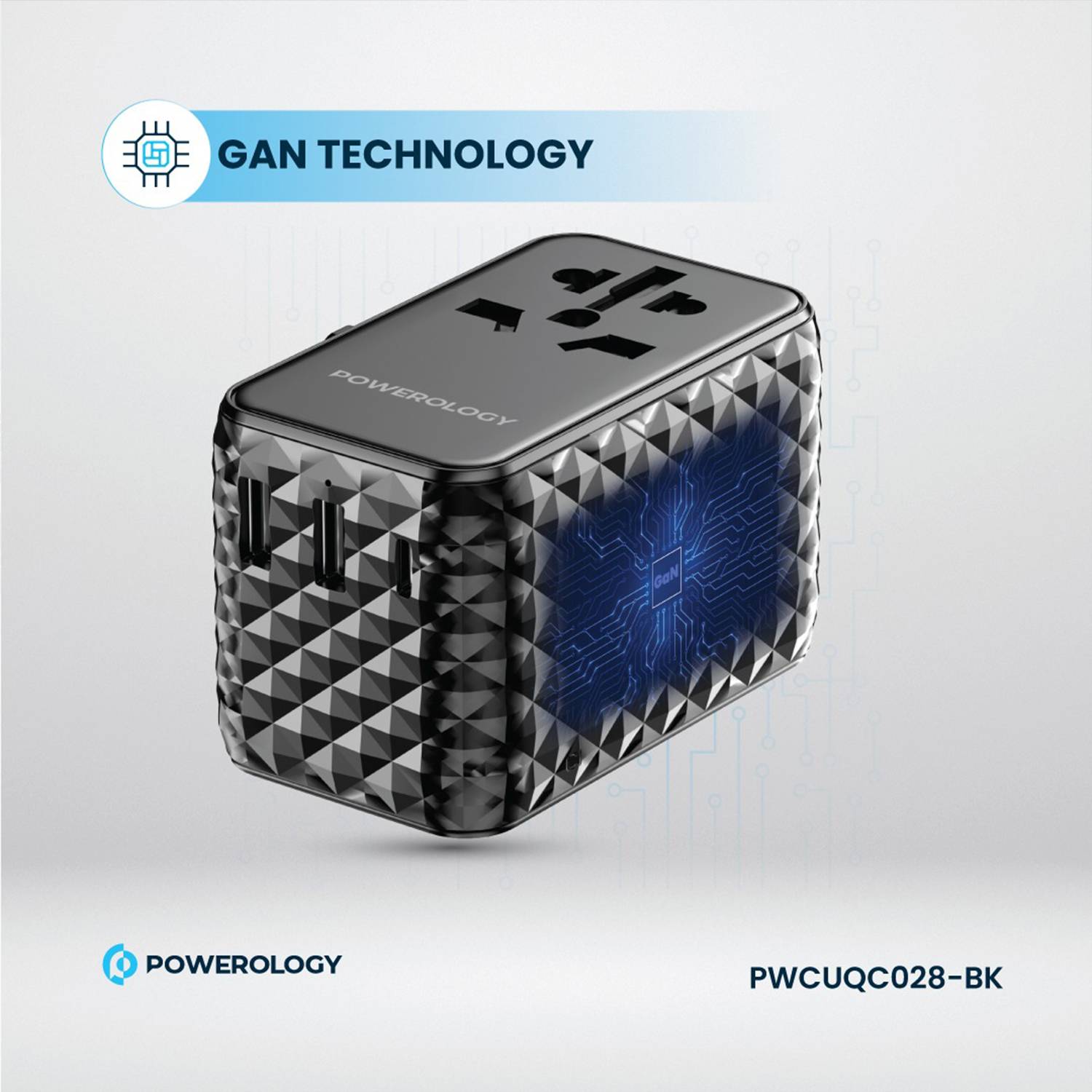Powerology GaN 20W PD Universal Adapter with Retractable Type-C Cable - Black