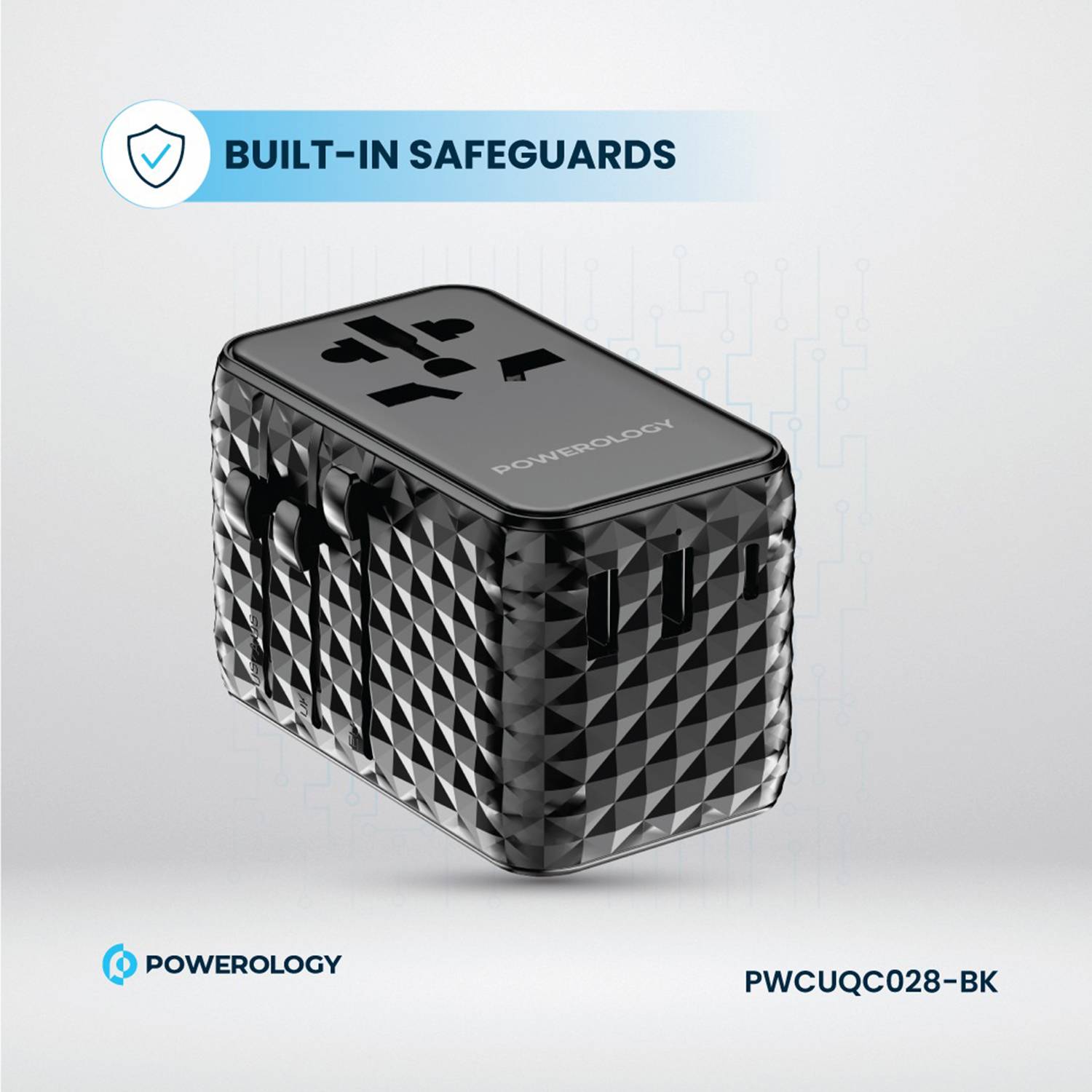 Powerology GaN 20W PD Universal Adapter with Retractable Type-C Cable - Black