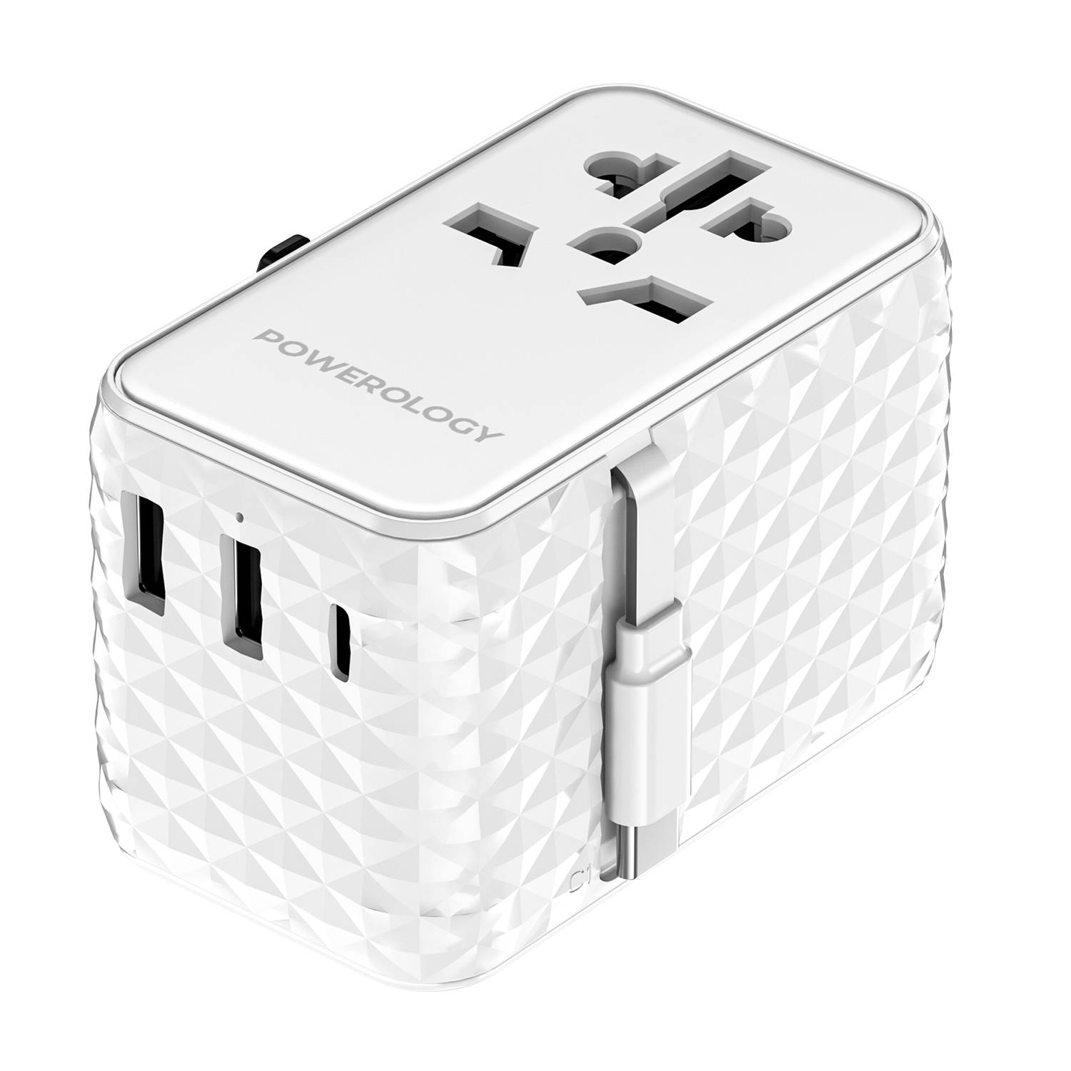 Powerology GaN 20W PD Universal Adapter with Retractable Type-C Cable - White