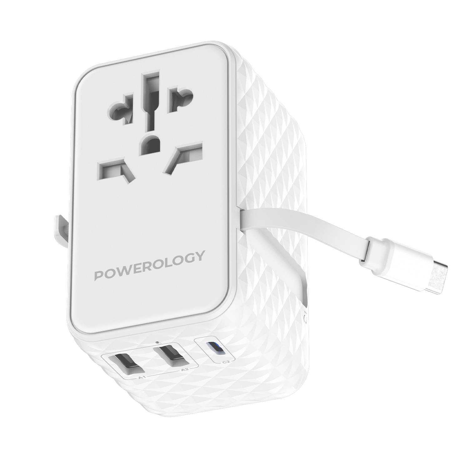 Powerology GaN 20W PD Universal Adapter with Retractable Type-C Cable - White