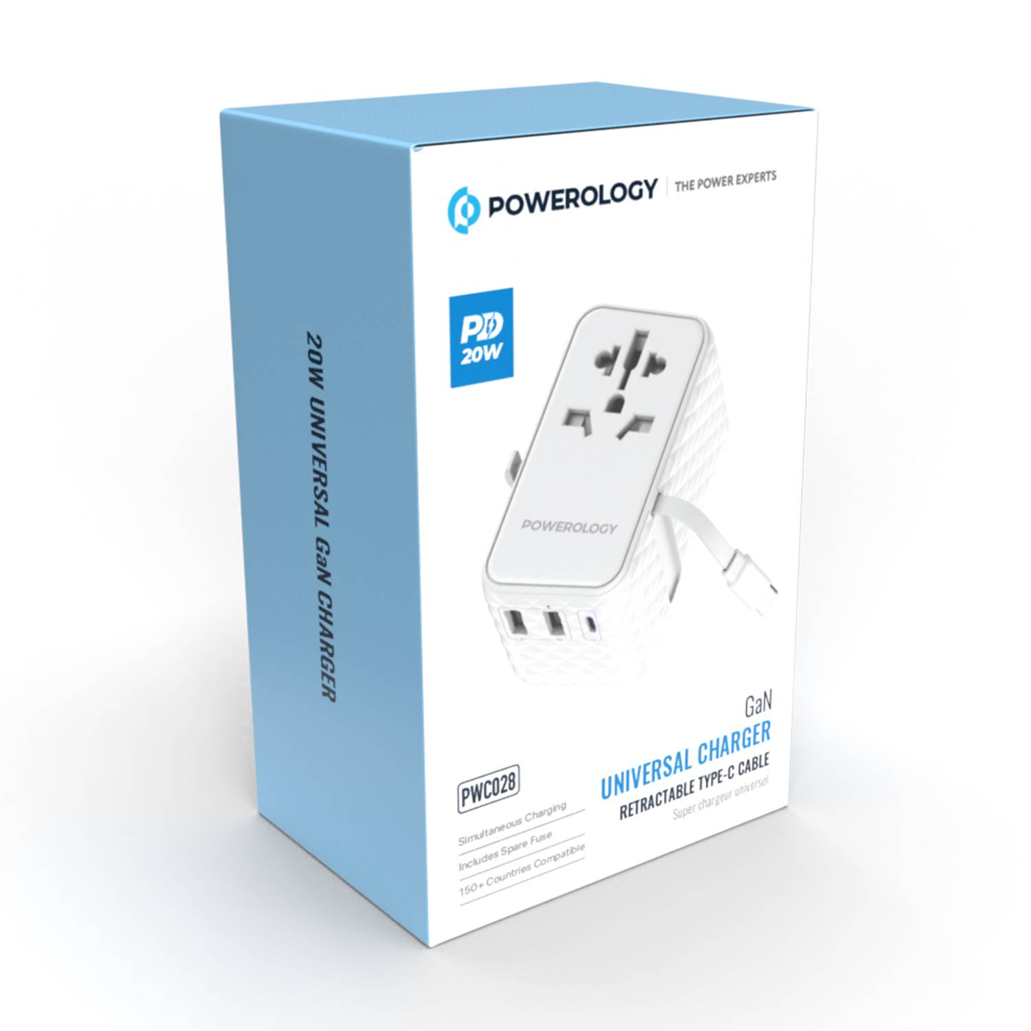 Powerology GaN 20W PD Universal Adapter with Retractable Type-C Cable - White