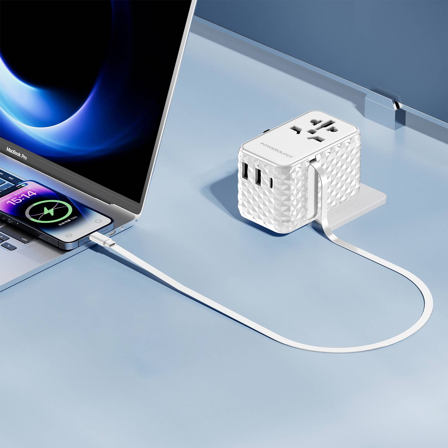 Powerology GaN 20W PD Universal Adapter with Retractable Type-C Cable - White