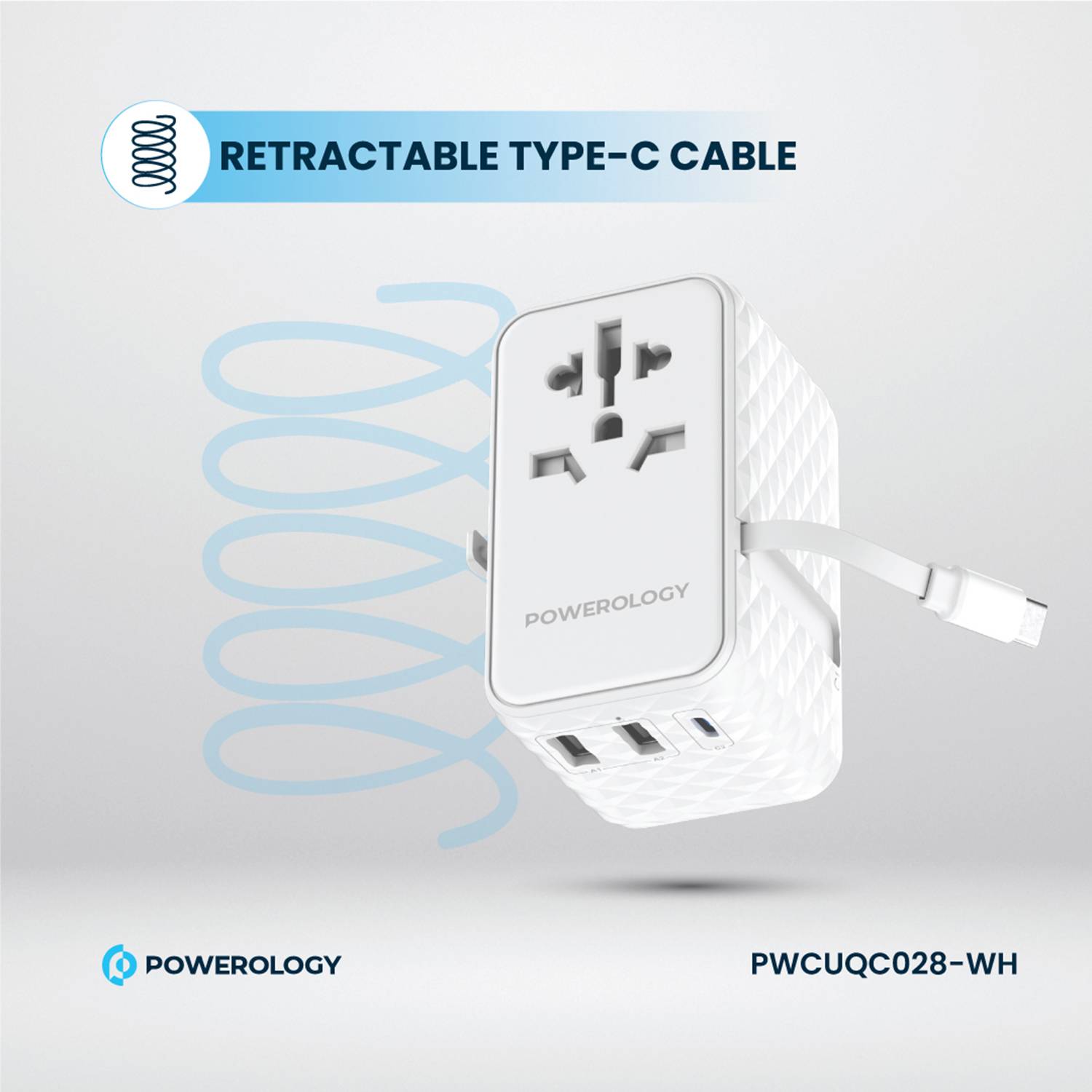 Powerology GaN 20W PD Universal Adapter with Retractable Type-C Cable - White