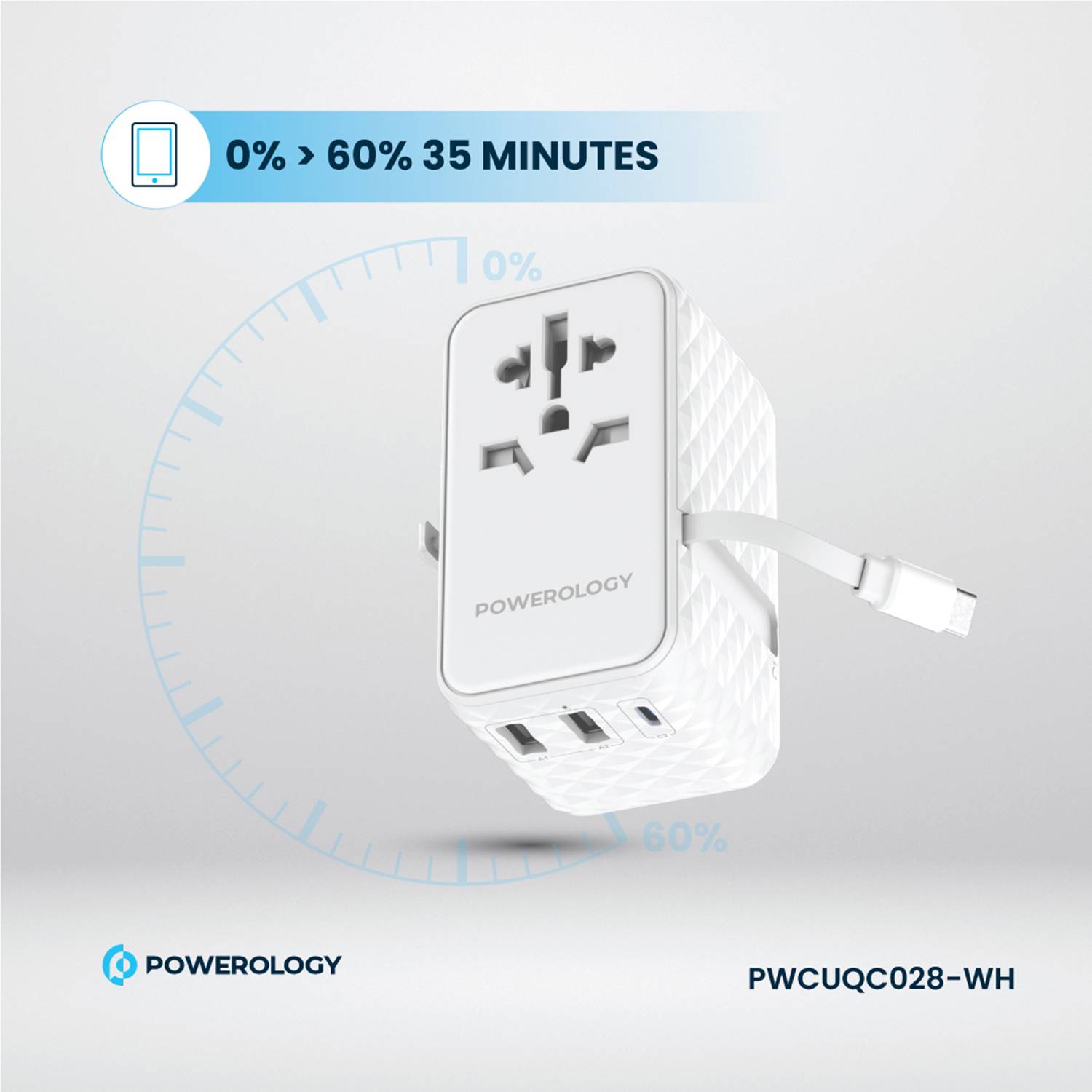 Powerology GaN 20W PD Universal Adapter with Retractable Type-C Cable - White