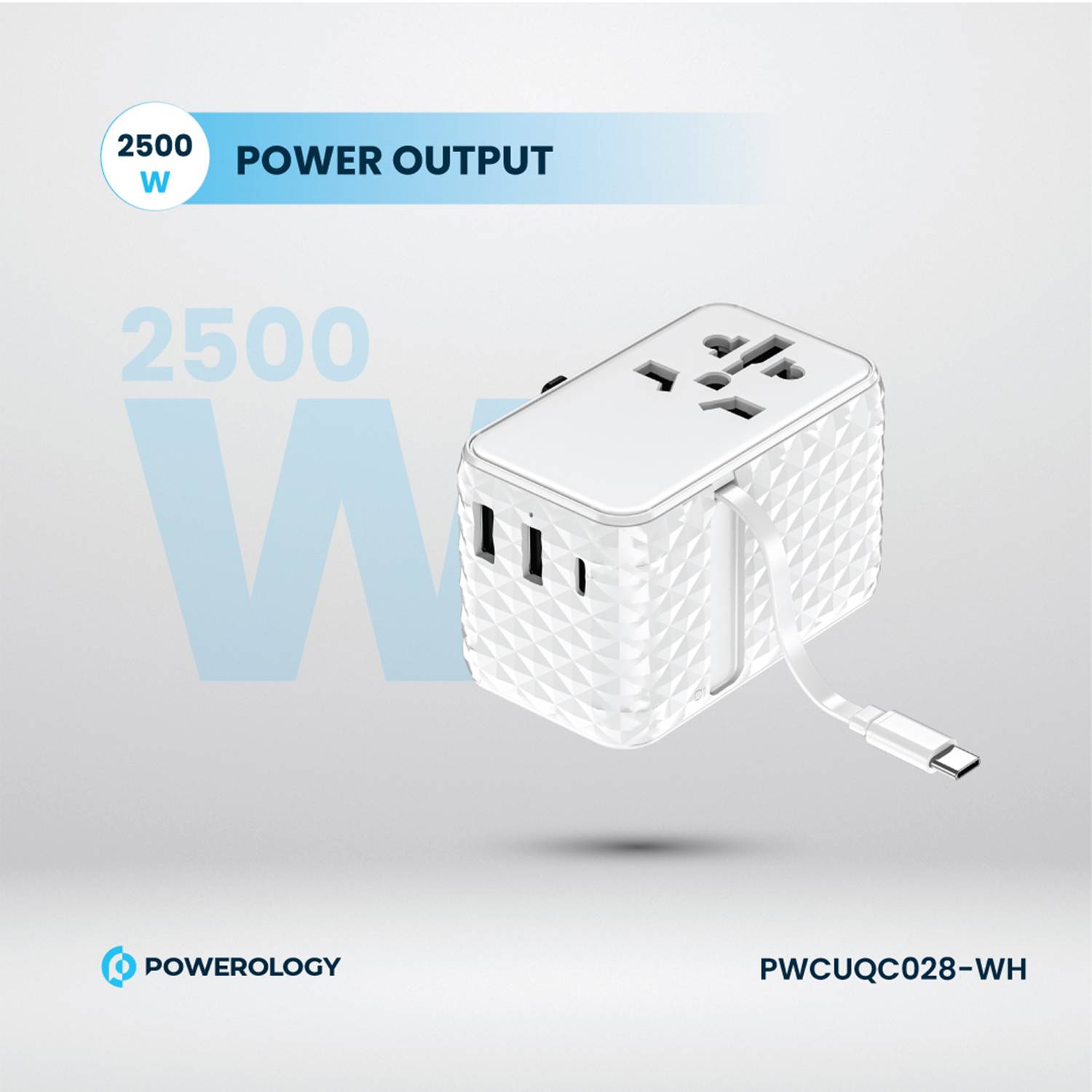 Powerology GaN 20W PD Universal Adapter with Retractable Type-C Cable - White