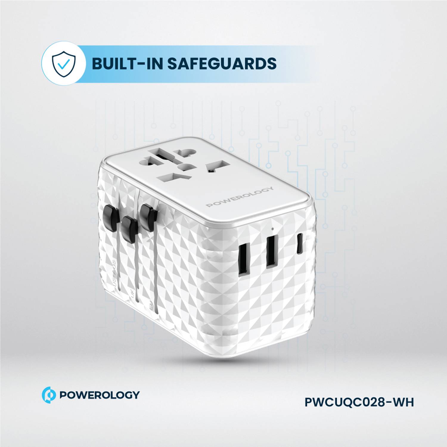 Powerology GaN 20W PD Universal Adapter with Retractable Type-C Cable - White