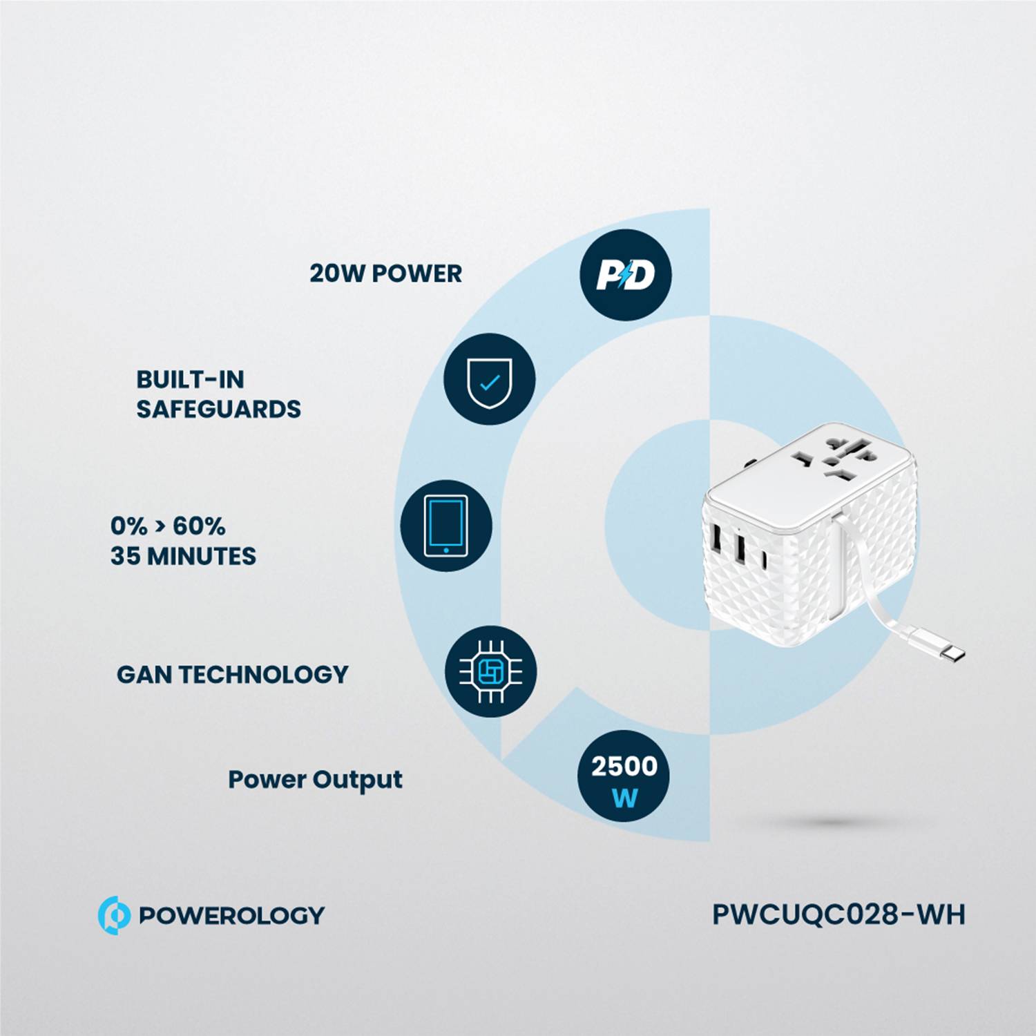 Powerology GaN 20W PD Universal Adapter with Retractable Type-C Cable - White