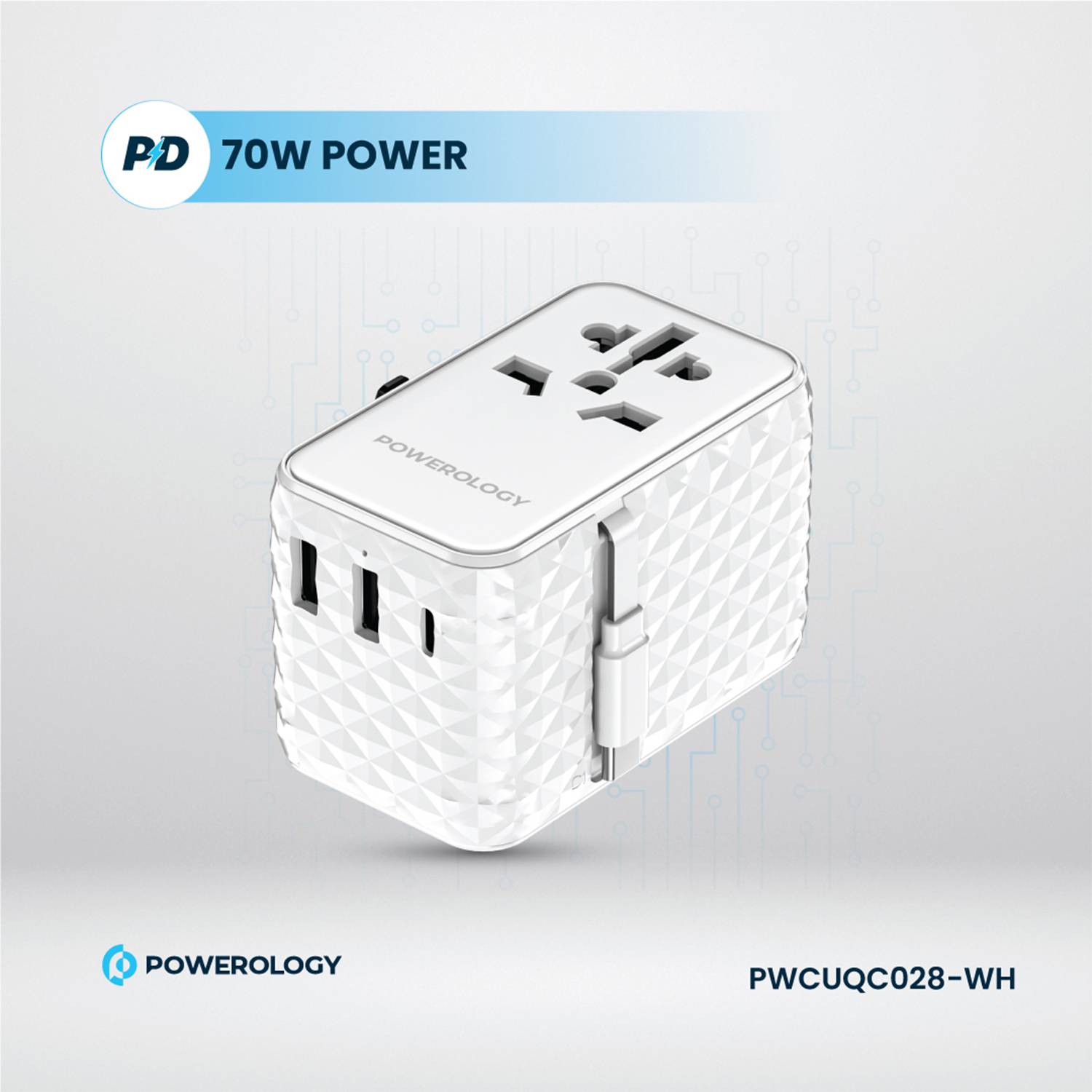 Powerology GaN 20W PD Universal Adapter with Retractable Type-C Cable - White