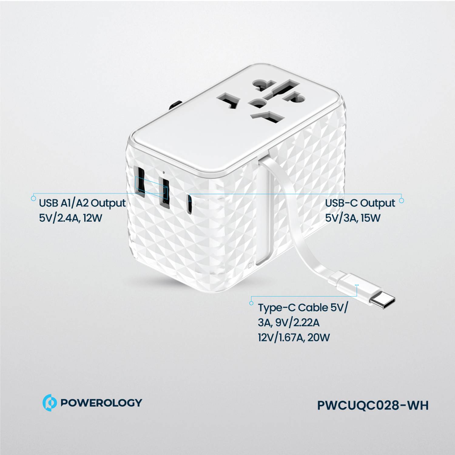 Powerology GaN 20W PD Universal Adapter with Retractable Type-C Cable - White