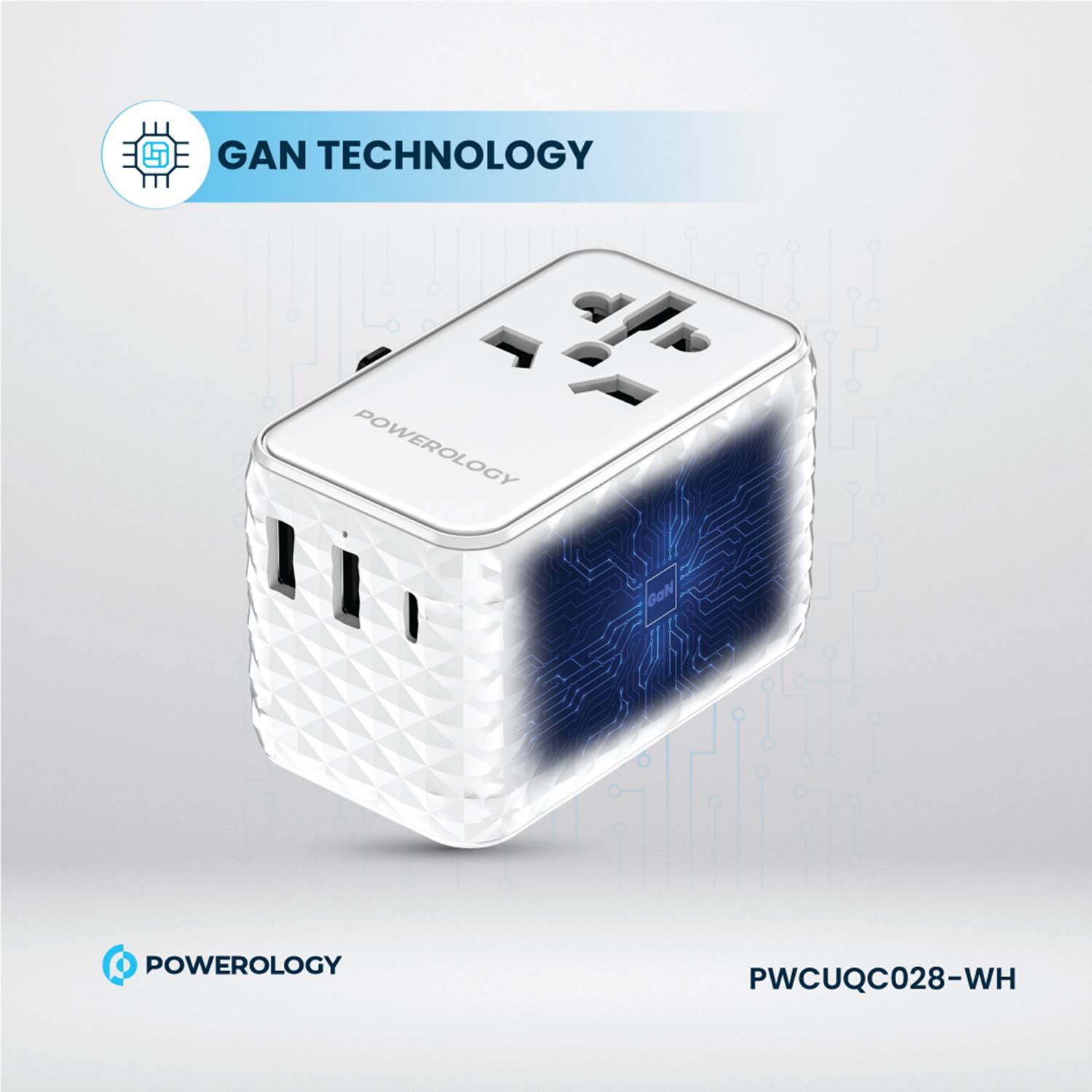 Powerology GaN 20W PD Universal Adapter with Retractable Type-C Cable - White