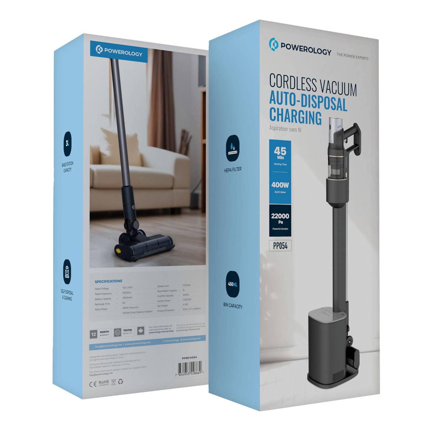 Powerology Cordless Vacuum with Auto-Disposal Charging, Fast Cleaning Up - Black