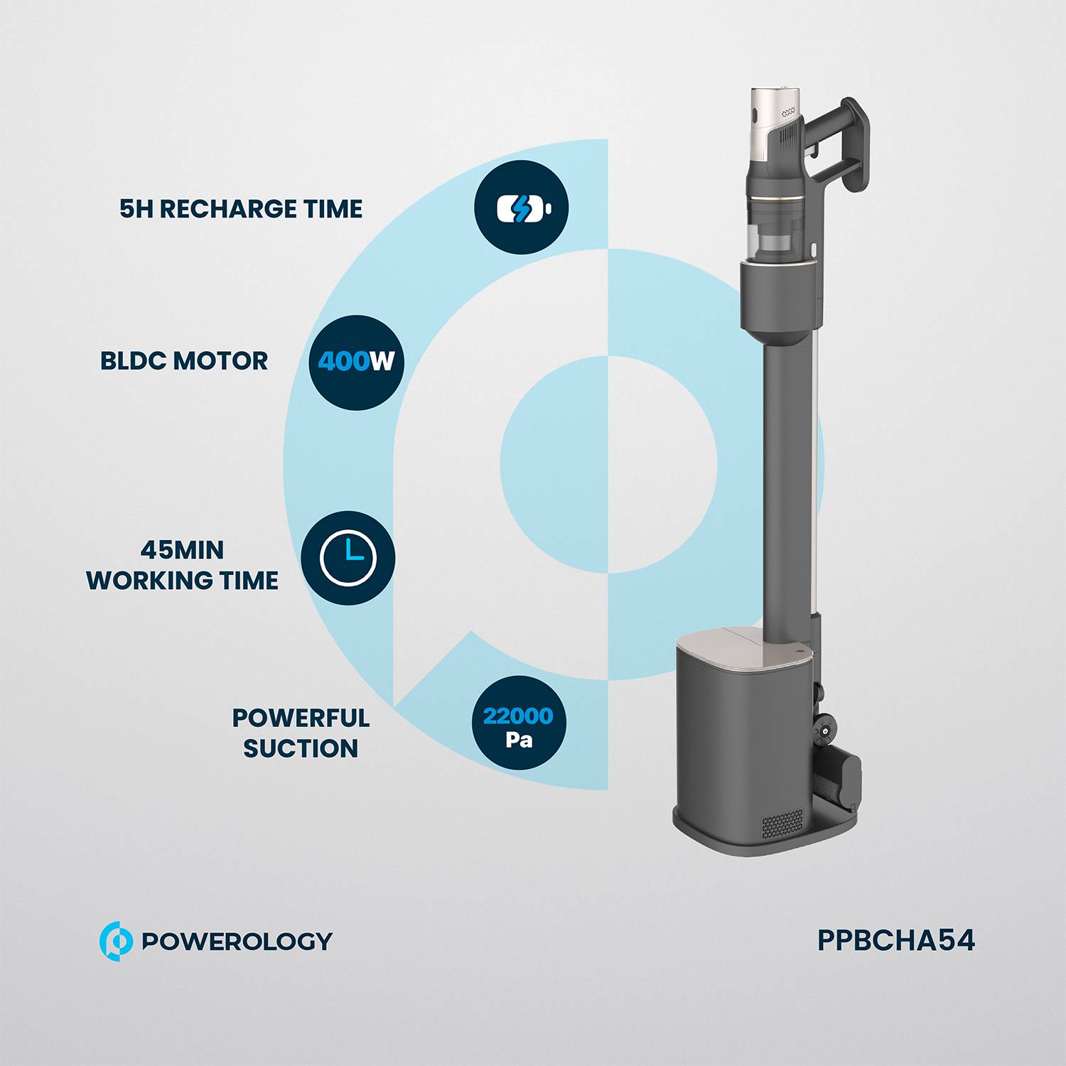 Powerology Cordless Vacuum with Auto-Disposal Charging, Fast Cleaning Up - Black