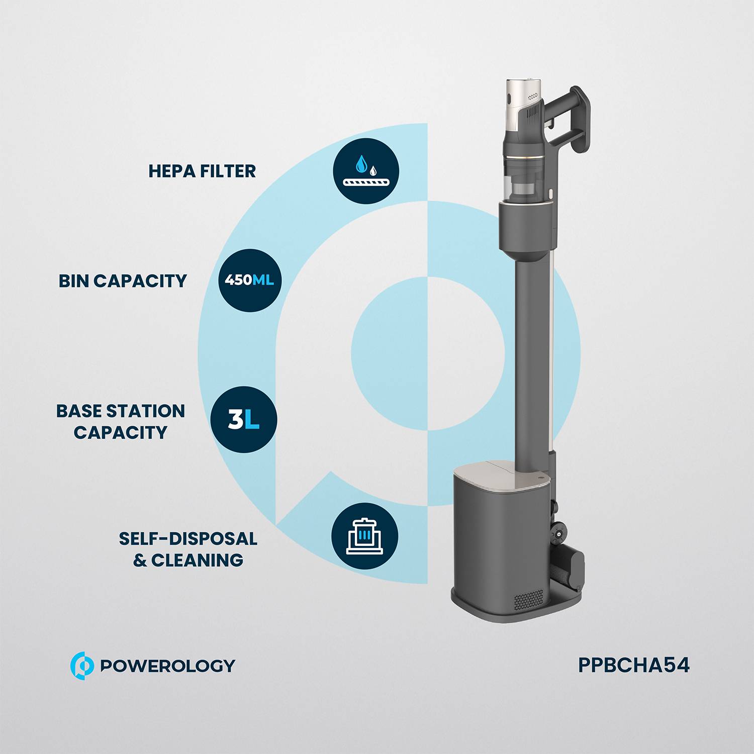 Powerology Cordless Vacuum with Auto-Disposal Charging, Fast Cleaning Up - Black
