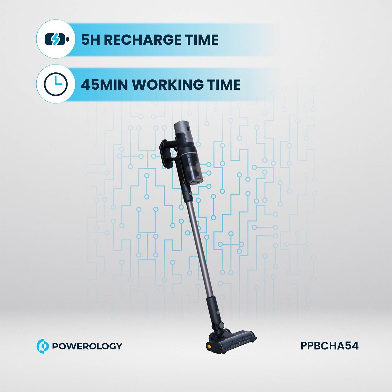 Powerology Cordless Vacuum with Auto-Disposal Charging, Fast Cleaning Up - Black