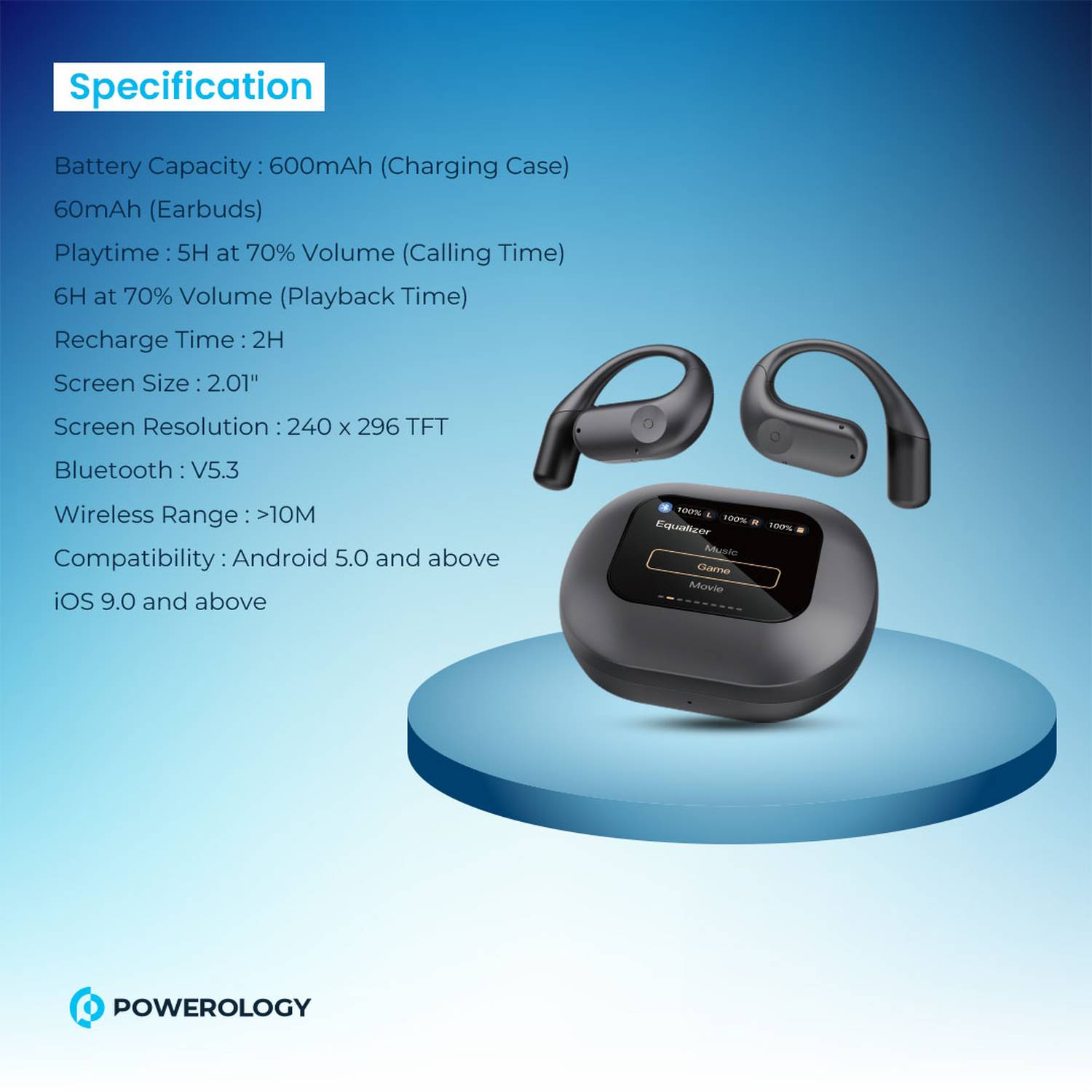 Powerology Air Conduction ENC TWS Earbuds and Charging Case with Digital Display - Black