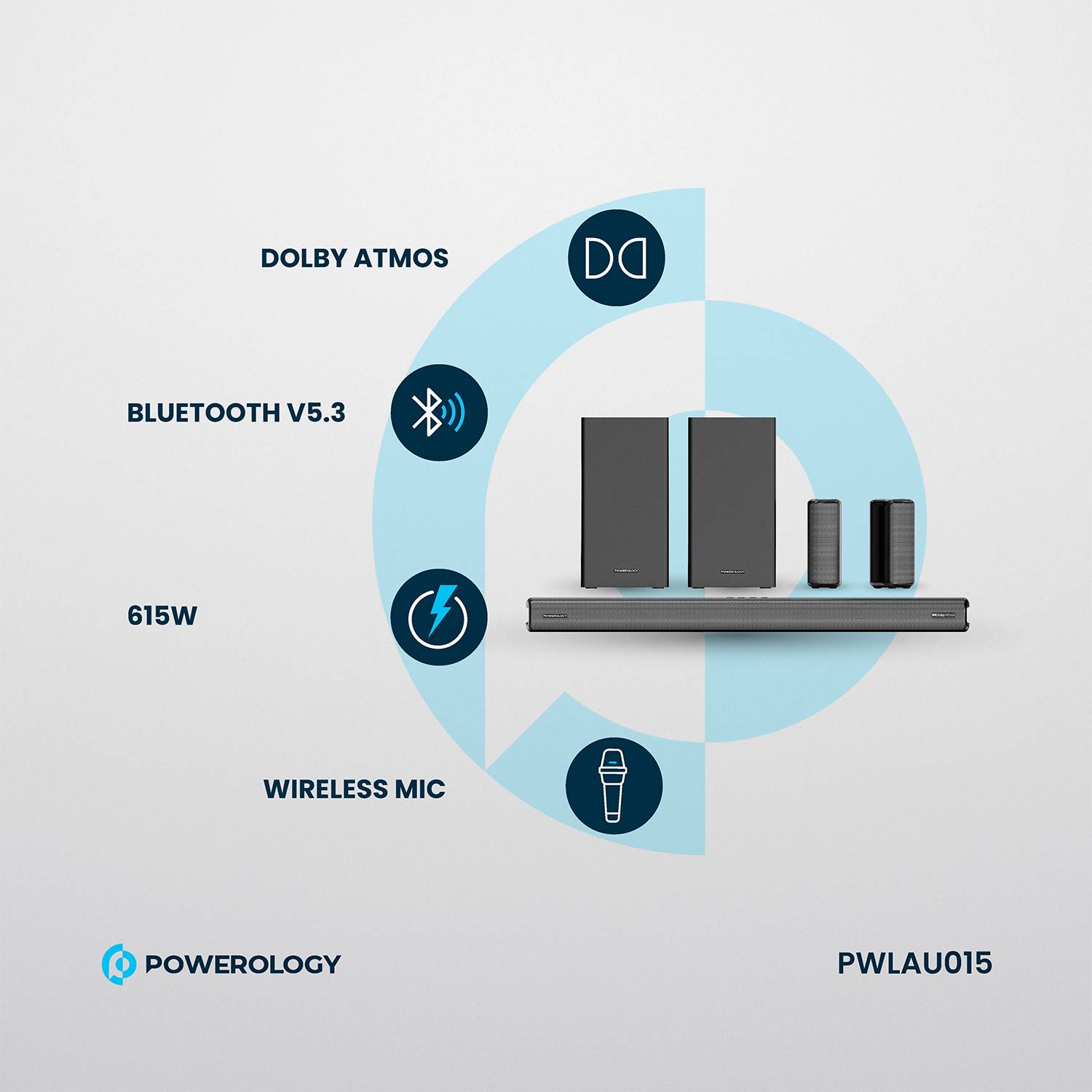 Powerology 5.2.4CH Home Theater Soundbar with Dolby Atmos, Wireless Subwoofer & Wireless