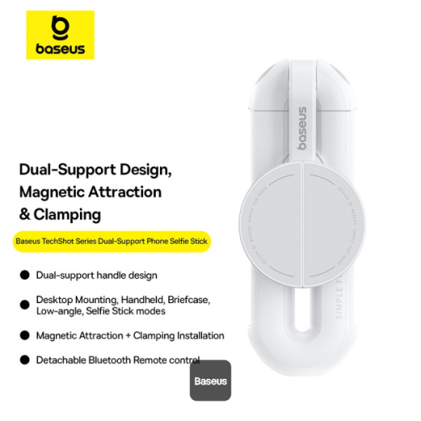 Baseus TechShot Dual-Support Magnetic & Clamping Selfie Stick Tripod with Bluetooth Remote - White