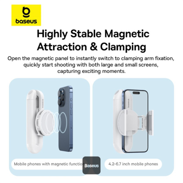 Baseus TechShot Dual-Support Magnetic & Clamping Selfie Stick Tripod with Bluetooth Remote - White