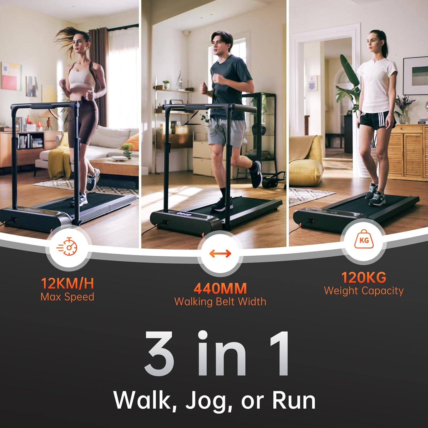 King Smith Folded Treadmill R3 Hybrid + With Max. Speed 12km/h, With Side Armrest With 1HP Brushless Motor - Black