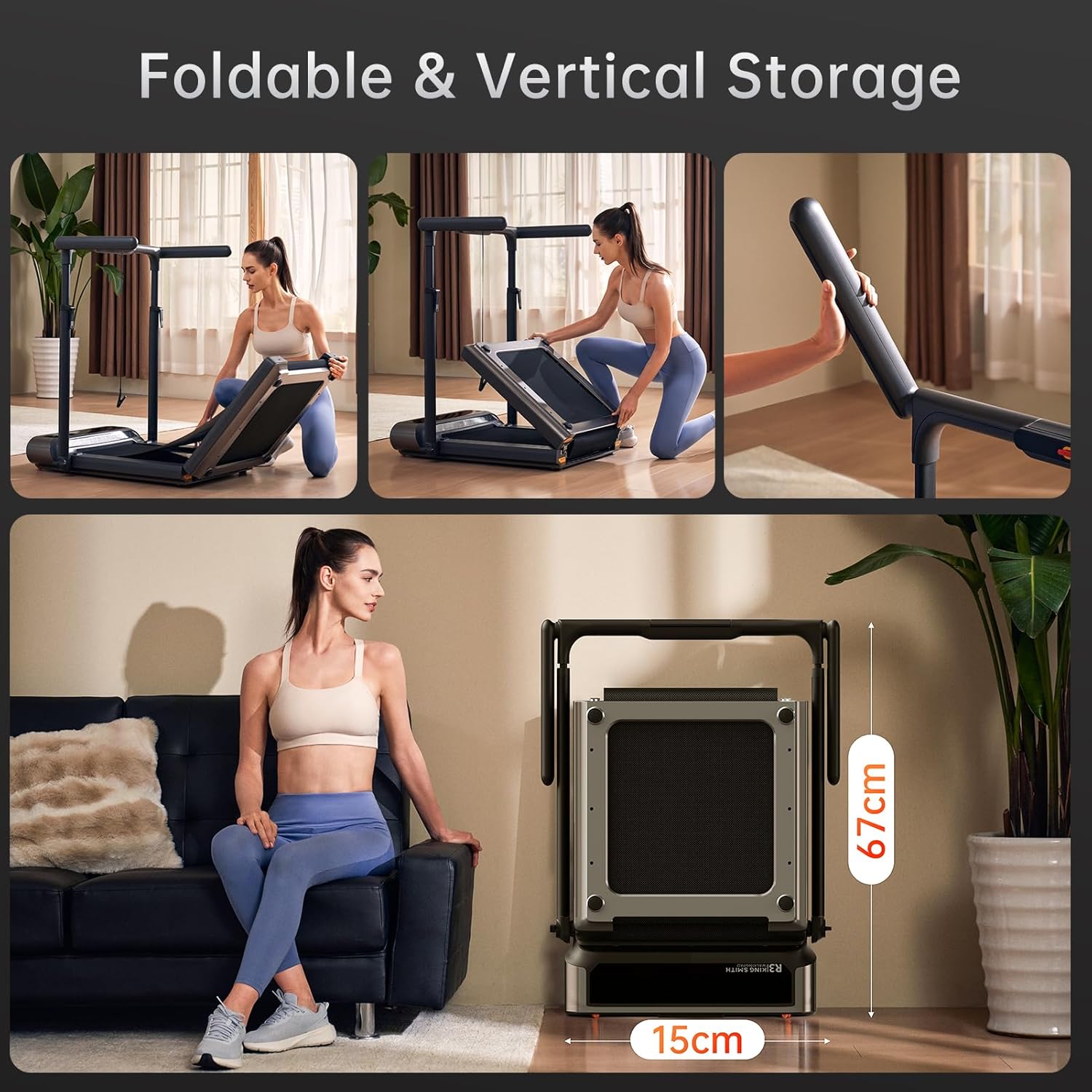 King Smith Folded Treadmill R3 Hybrid + With Max. Speed 12km/h, With Side Armrest With 1HP Brushless Motor - Black