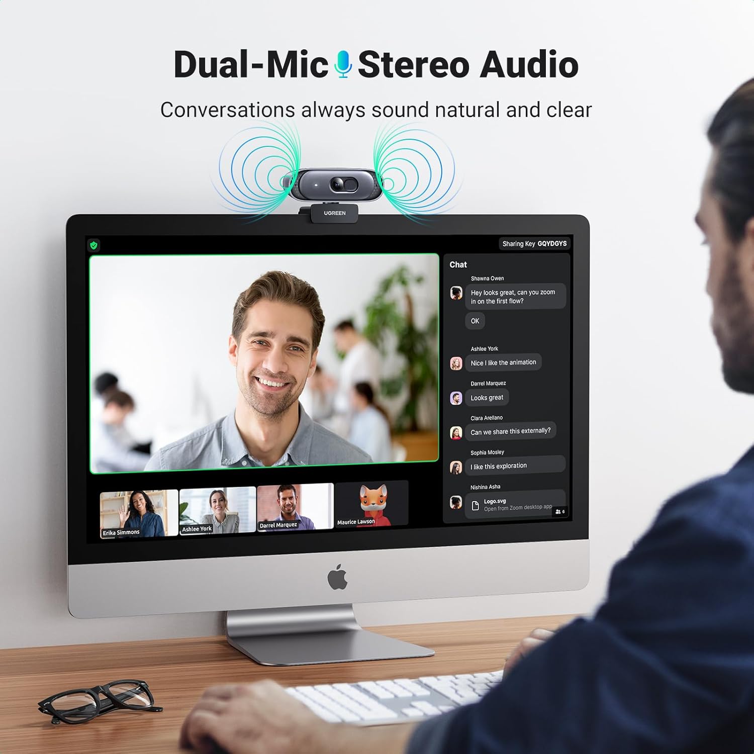 UGreen Webcam 2K 30FPS Full HD USB PC Camera Two Built-in Micro Noise Cancellation 360 Degree Rotation Plug Play Windows macOS Linux