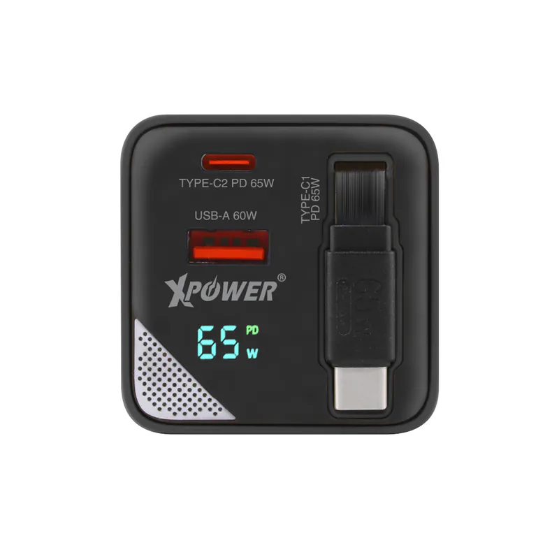 XPower GX65B 3-in-1 65W GaN PD Desktop Charger 2 Port Type-C cable - Black